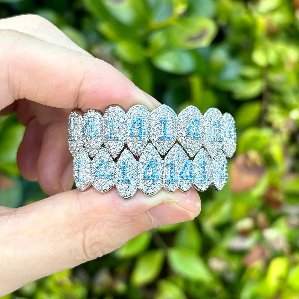 RACHELZ Hip Hop 8/8 Blue Number zircone denti Grillz Top Bottom zanne Full CZ Stone Tooth Caps per donna uomo gioielli per il corpo