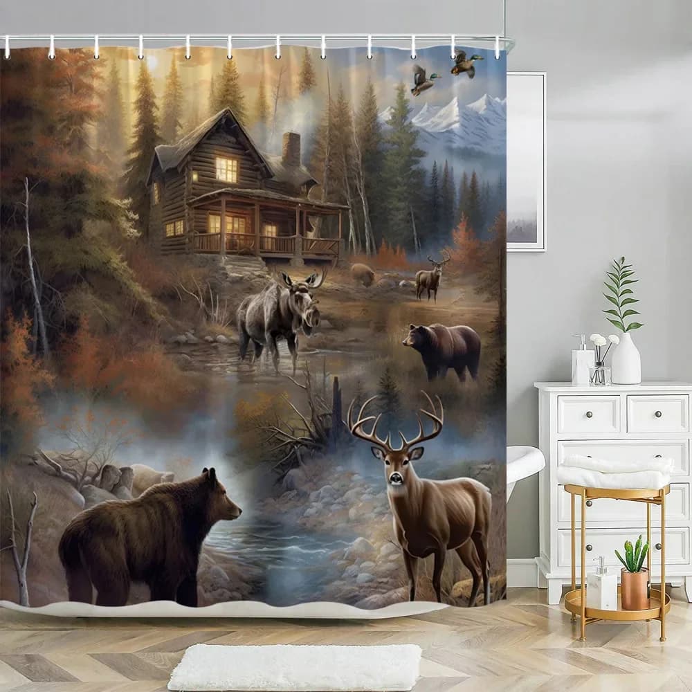 Foresta rustica Fauna selvatica Tenda da doccia Orso Alce Cervo Tranquil Scena autunnale Poliestere con 12 ganci Decorazione del bagno a tema cabina
