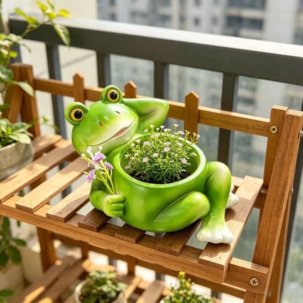 Flower Planter Resin Frog Flower Pot Decorative with Drainage Hole Plant Holder Cartoon Lying Frog Figurine Balcony Decor
