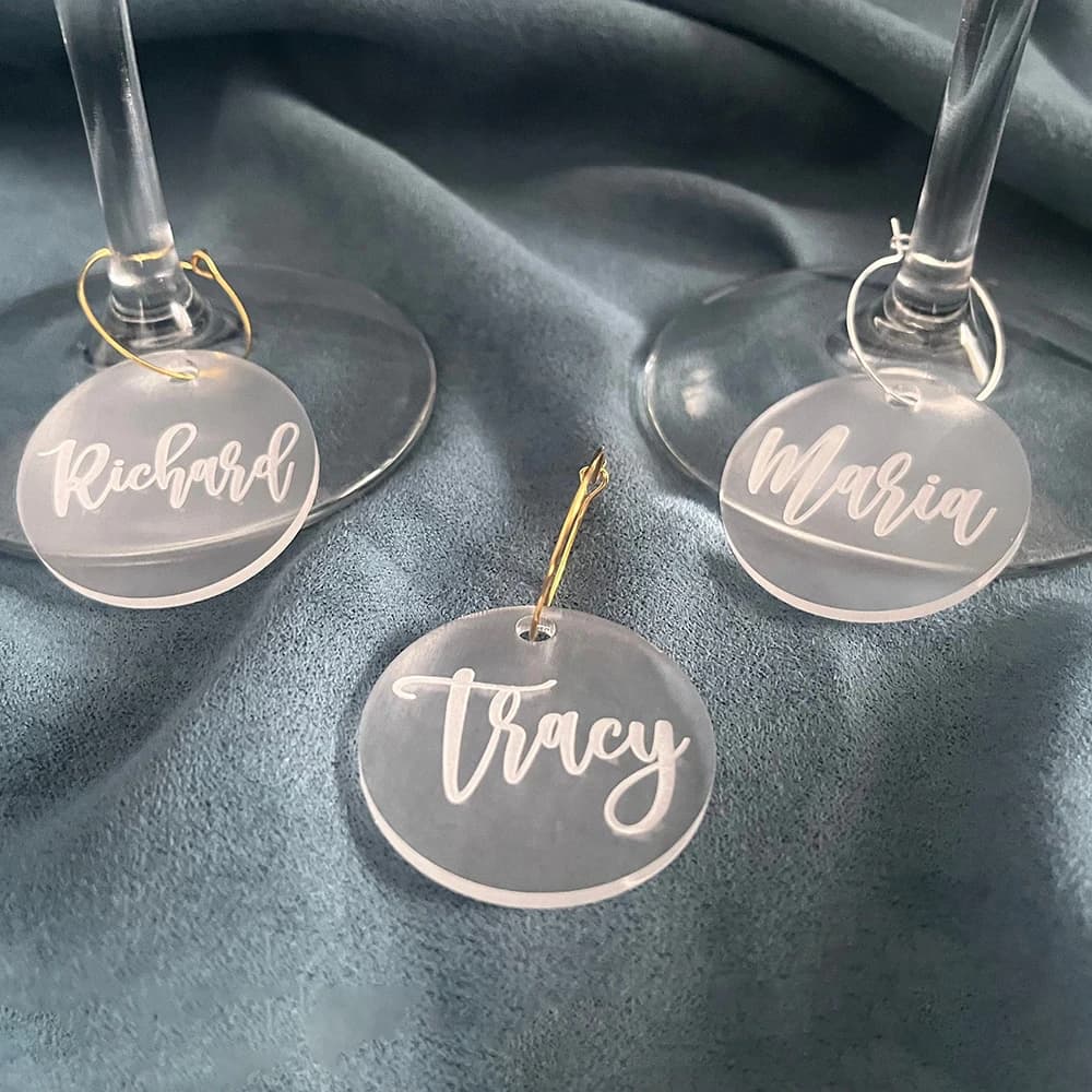 Nome dell'etichetta della bevanda di nozze in acrilico vuoto per bicchieri Glass Maker Wine Charm Drink Topper segnaposto idee portachiavi bomboniera portachiavi