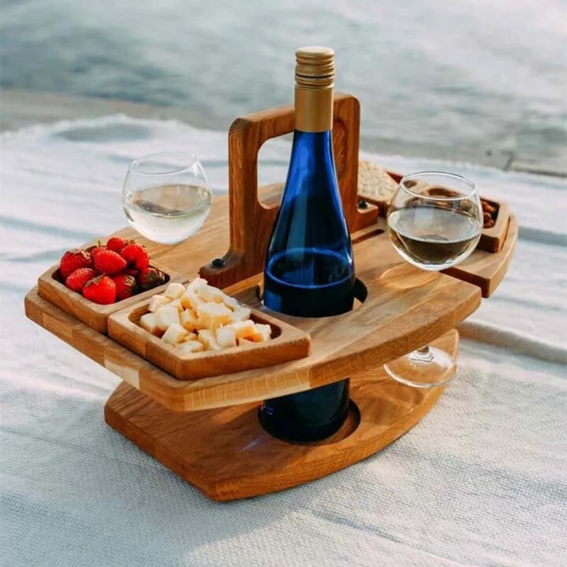 Tavolo da Picnic Pieghevole in Legno con Portabicchieri, Scrivania Rotonda Richiudibile, Porta Bicchieri da Vino, Tavolino Pieghevole, Vassoio per Snack, Tavoli da Esterno