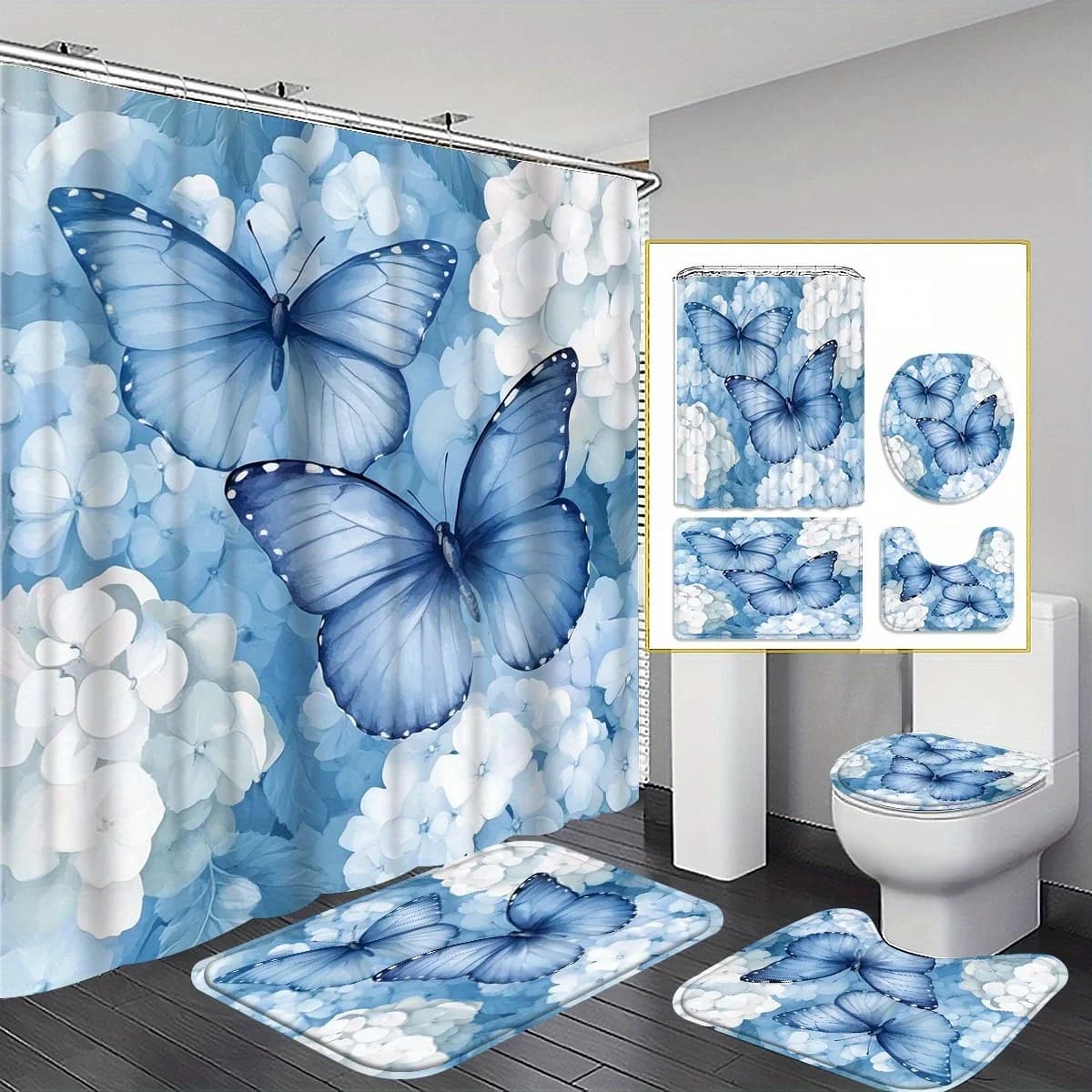 4 decorazioni per il bagno con motivo a farfalla blu e fiori, tenda da doccia, tappetino da bagno, tappetino a forma di U, coprisedile per WC.