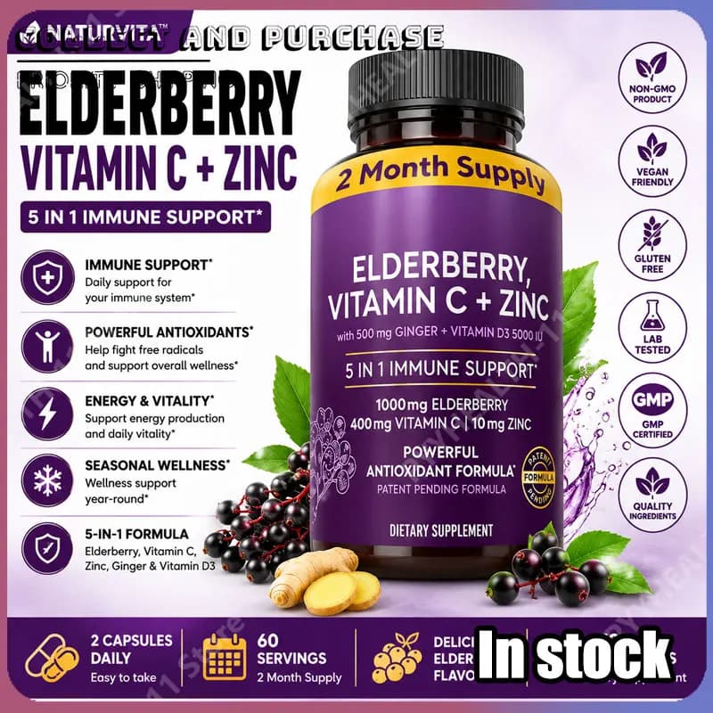 Elderberry Vitamin C Zinc and Ginger Capsules with Vitamin D3 5000 IU Antioxidant Botanical Blend Daily Nutritional Supplement