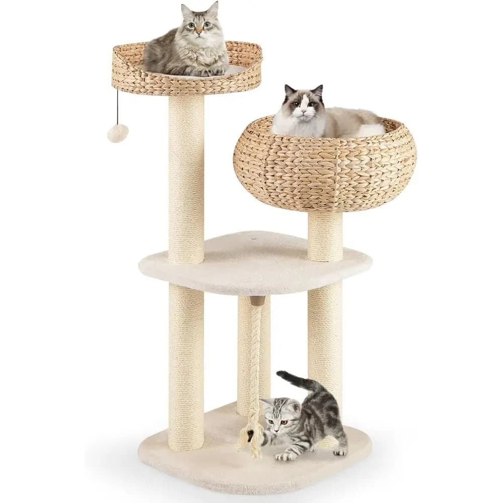 Torre per Gatti Alta in Sisal Naturale con Cuccia in Vimini, Piattaforma Superiore e Pallina Giocattolo Sospesa per Gatti da Interno