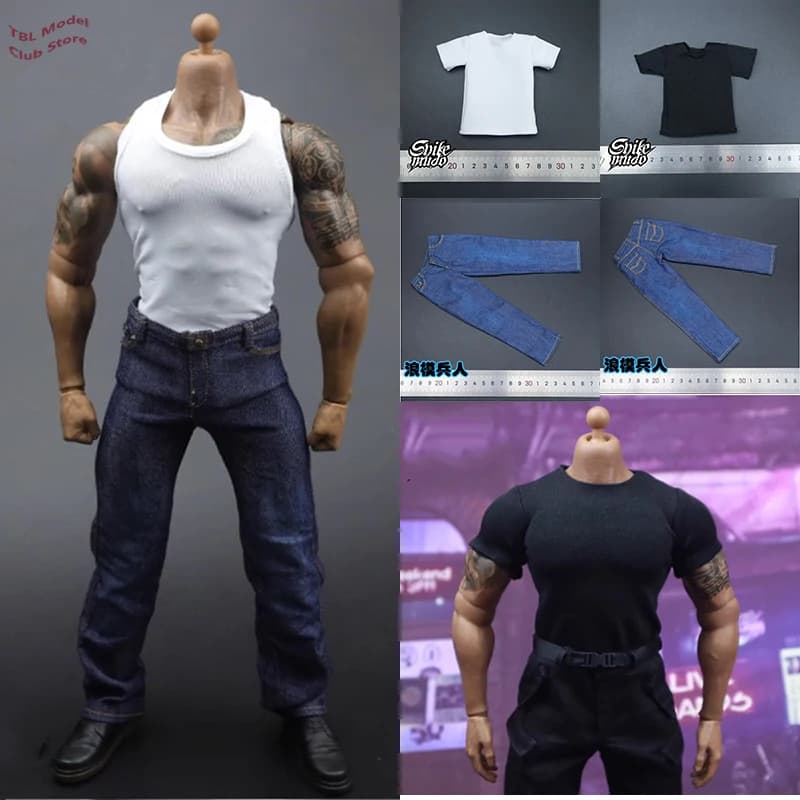 1/6 uomo Strong Soldier Blue Jeans accessorio SKM009 tuta da combattimento pantaloni SKM010 t-shirt corta attillata bambole per AT027 figura corpo
