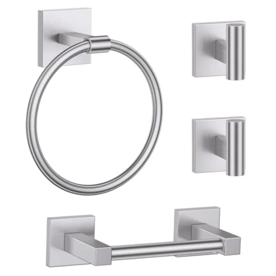 Set di Accessori per Bagno in Acciaio Inox, 4 Pezzi: Anello Porta Asciugamani, 2 Ganci e Porta Carta Igienica da Parete