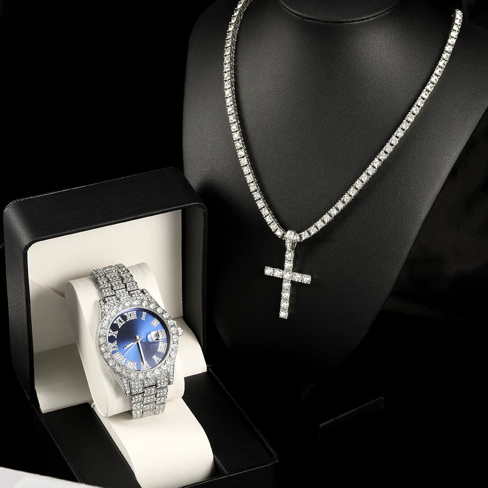 Elegante orologio al quarzo set di gioielli hip-hop punk intarsio orologio in argento con diamanti + collana con ciondolo croce per uomo donna confezione regalo per feste
