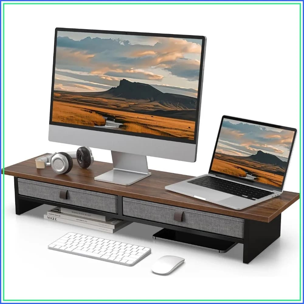 2-Tier Dual Monitor Riser with Drawer, 35 Inch Computer Stand for Desk, Home Office Laptop PC TV Printer