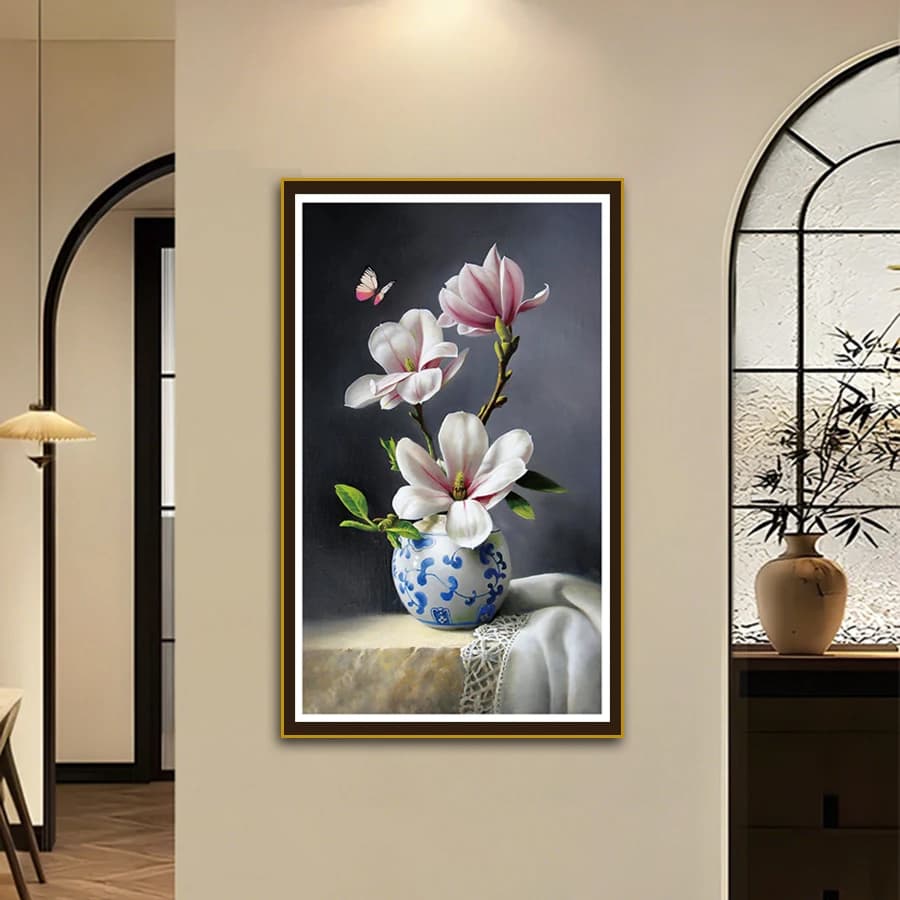Nuovo Kit Punto Croce Stile Cinese con Vaso di Magnolia, Pacchetto Materiale per Ricamo Fai-da-Te, Vaso in Porcellana Blu e Bianca con Magnolia Rosa e Bianca, Stampa di Precisione, Dipinto Decorativo per Soggiorno e Studio
