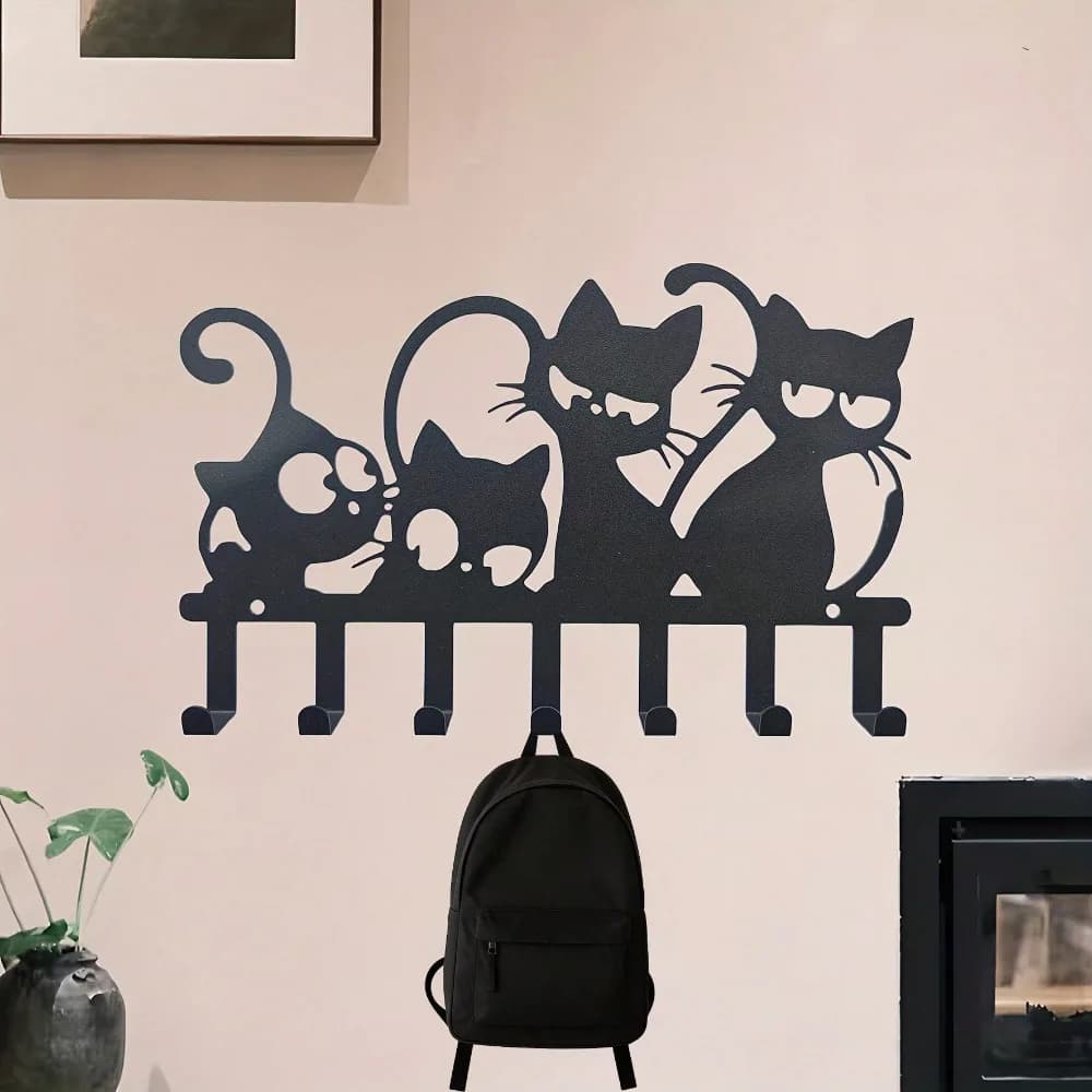 Appendiabiti da parete in metallo a forma di gatto con 7 ganci - Organizzatore per chiavi e asciugamani - Facile da installare per ingresso e corridoio