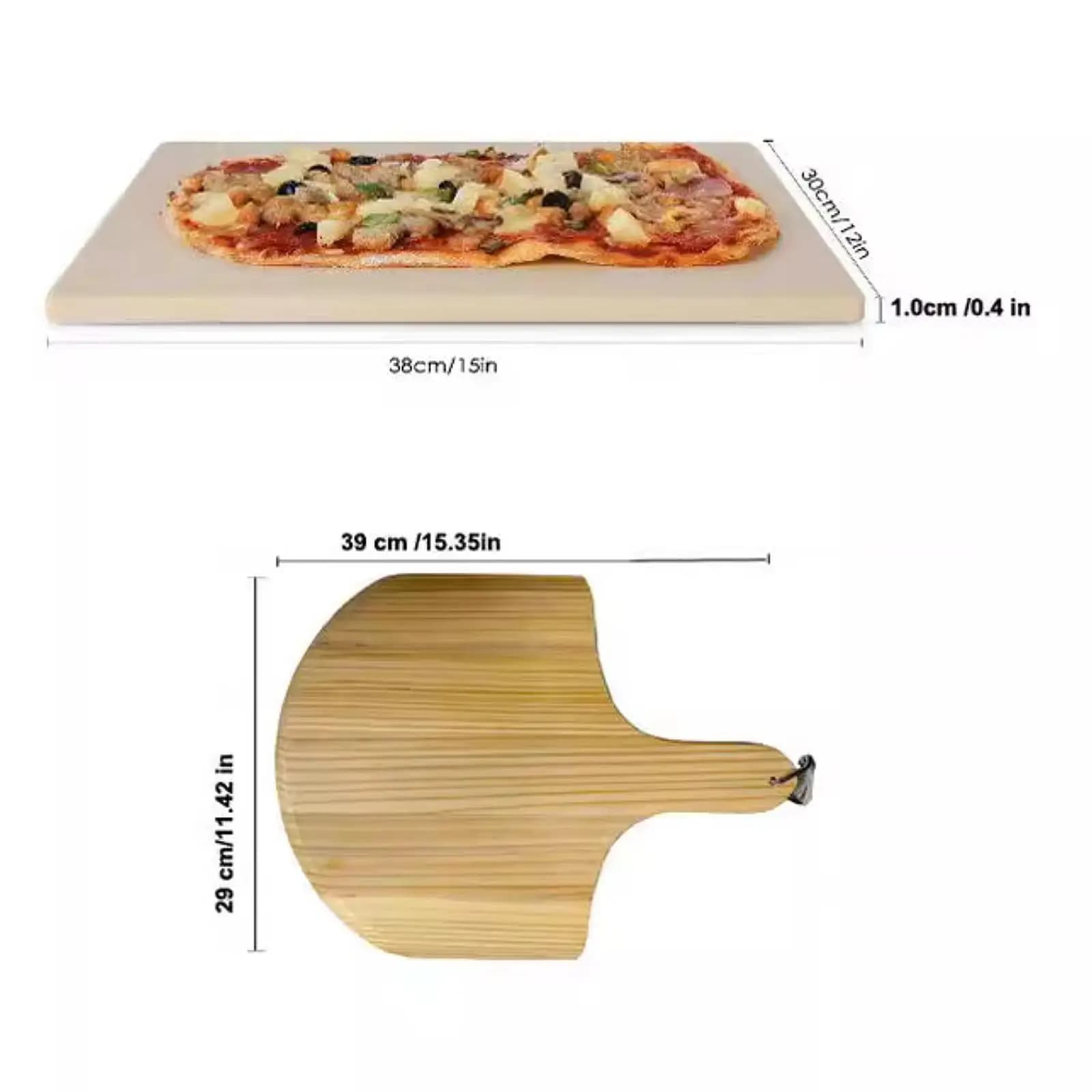 Pizza Oven Grilling Set Ceramic Pan with Wood Paddle for Cake and Pizza Baking at Home Kitchen