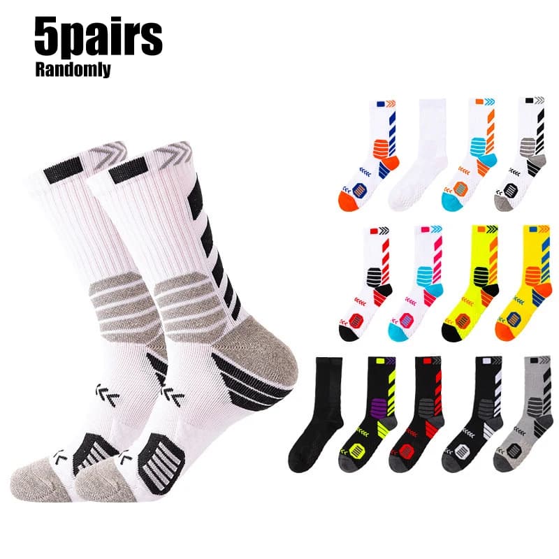 5 pairs of men's outdoor sports socks, with towel bottom for shock absorption and anti-slip properties, suitable for soccer.