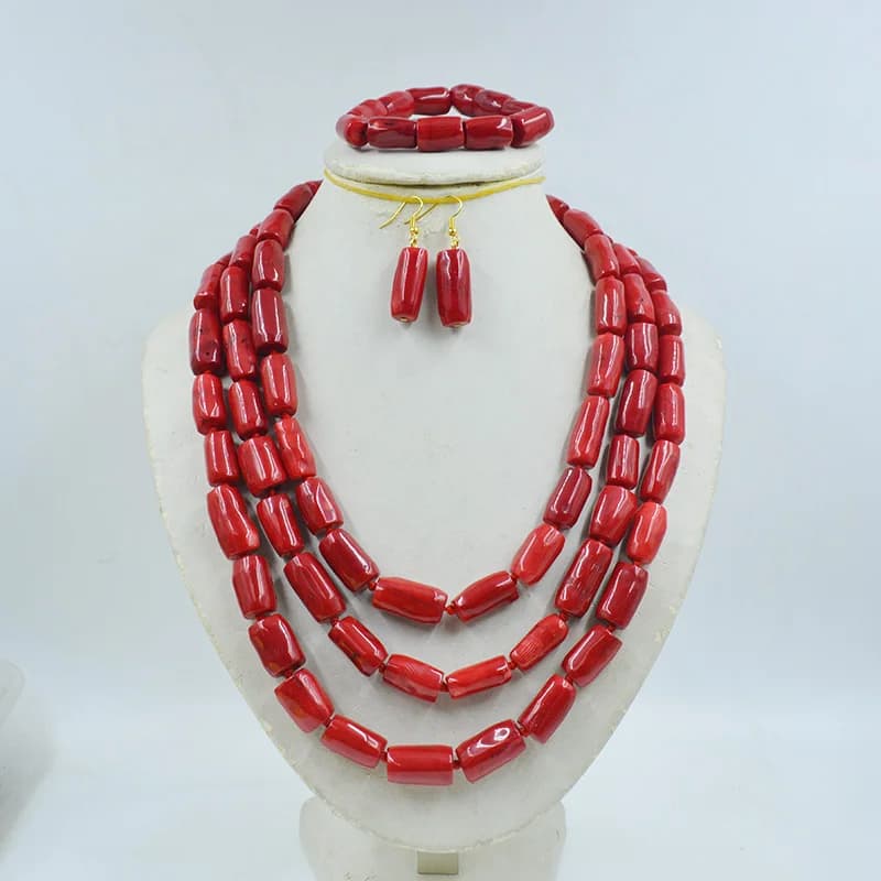 Abito da polso con orecchini e collana in corallo rosso naturale da 12-15 mm. Affascinanti gioielli classici della sposa della Nigeria 19-22"