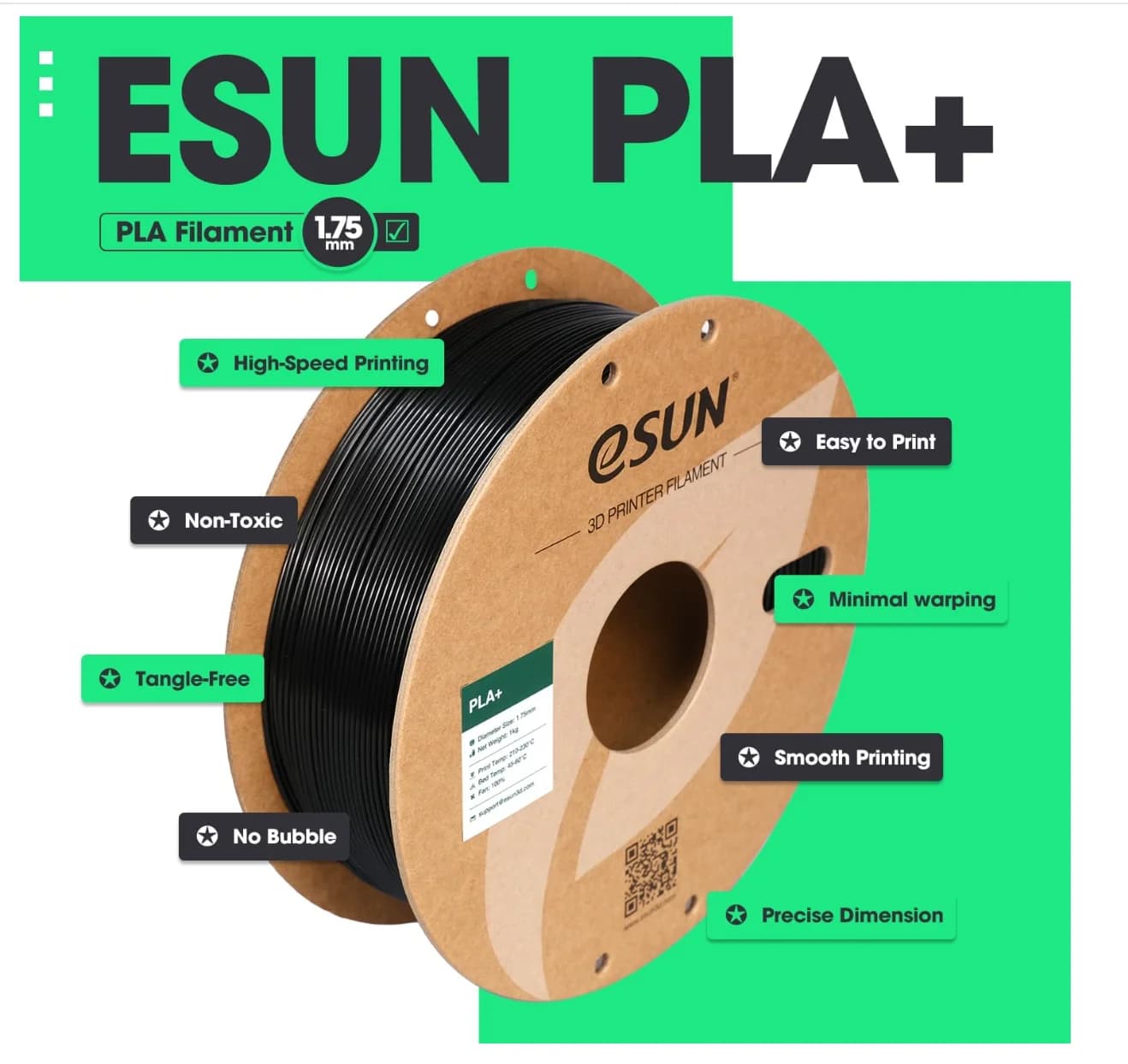 Filament eSUN PLA+ 1.75mm 1KG, 3D Printer Filament with Dimensional Accuracy +/- 0.03mm, 1kg Carton Bobbin (2.2 pounds) for 3D Printing