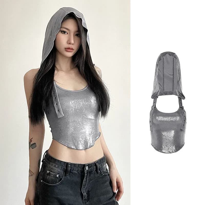 Gilet da donna con cappuccio argento Moda estiva Streetwear Canotte sottili sexy femminili Tinta unita Lady senza maniche Canotta senza schienale