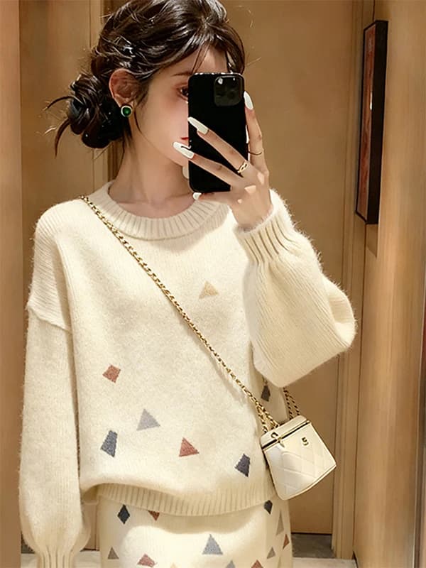 Set Due Pezzi Coreano: Maglione Lavorato a Maglia e Gonna Bianca, Stile Autunno Inverno, Fantasia Scozzese, Elegante e Casual, Piccolo Stile Francese