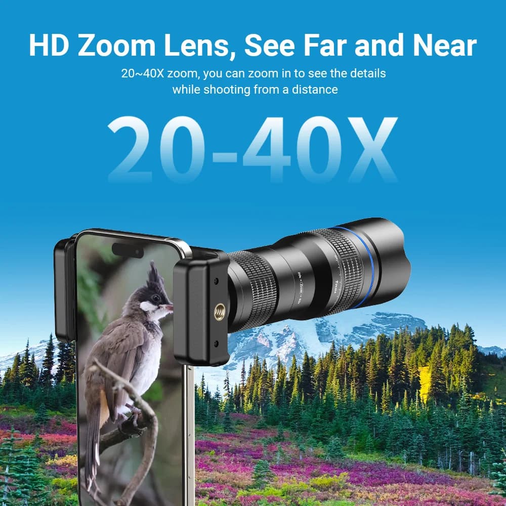 Obiettivo zoom HD 20x-40x opzionale APEXEL, teleobiettivo per fotocamera di smartphone Samsung, iPhone, Xiaomi, Huawei e tutti gli altri smartphone.