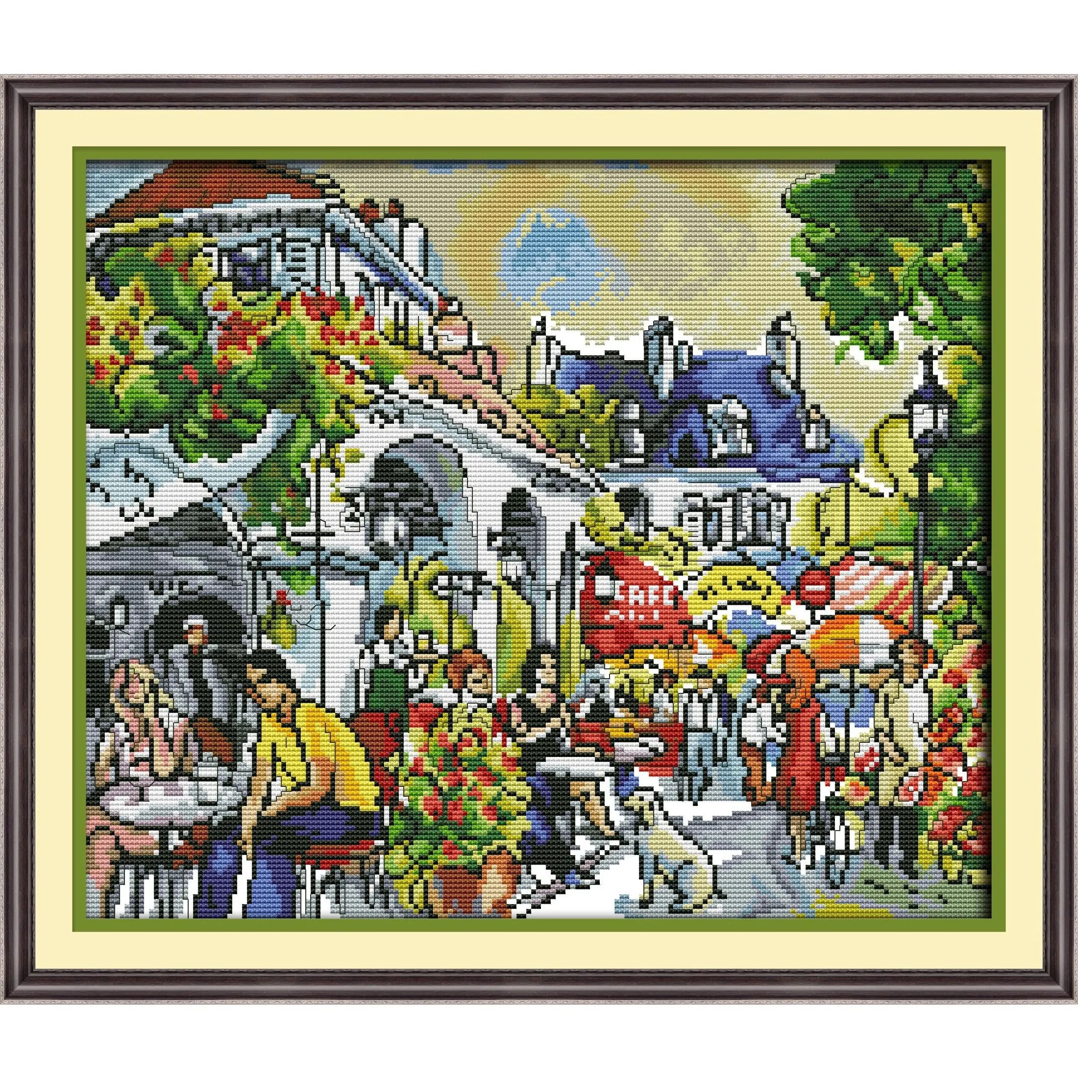 News Pre-Printed Cross Stitch Kit, Stamped Aida Fabric With DMC Threads, Embroidery Kit - A Bustling Street Market