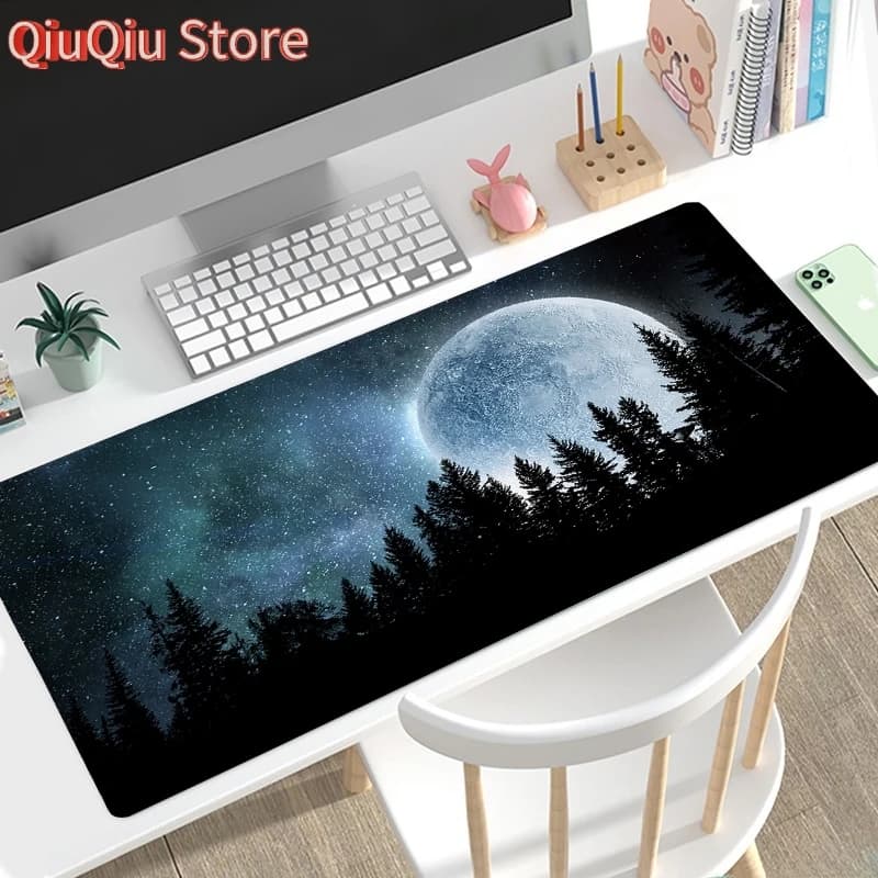 Starry Night Moon mouse pad, Cosmic Forest desk mat for games and office, anti-slip rubber base, large design