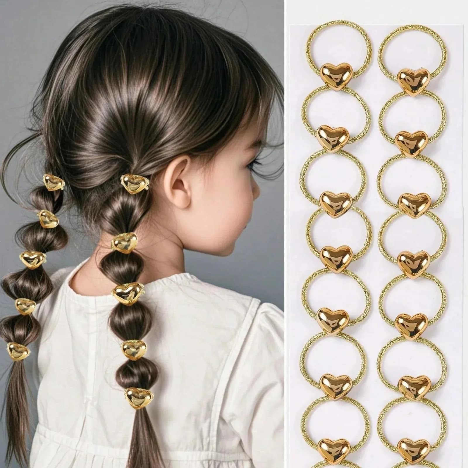 10Pcs Gold Heart Hair Rings Set Glittery Braided Hair Accessories Cute Metallic Hair Bands for Girls