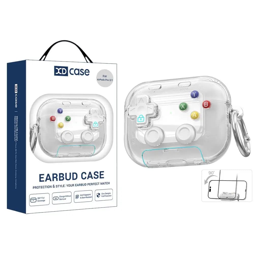 Custodia XDcase trasparente per auricolari AirPods Pro 3 con design a console di gioco retrò, supporto e pulsante antistress