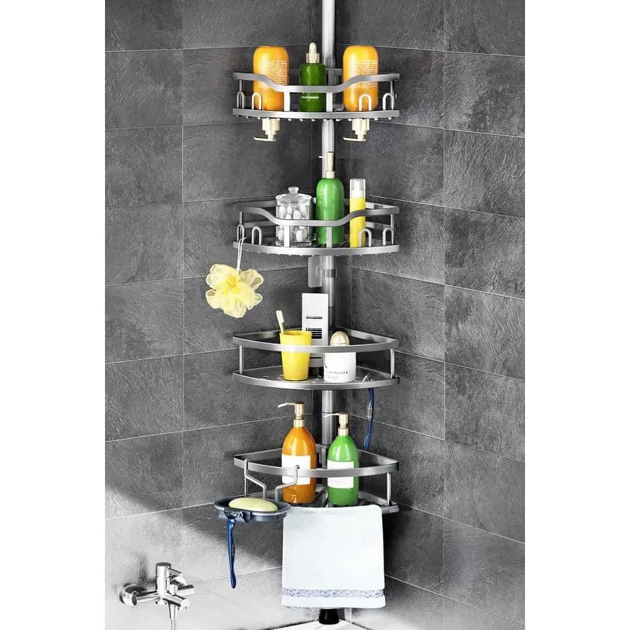 Corner shelf for Shower with Telescopic Rod Anti-rust, Organizer Bathroom with 4 shelves for Bath, Shampoo Door, Rapid Installation 47-121 Inches