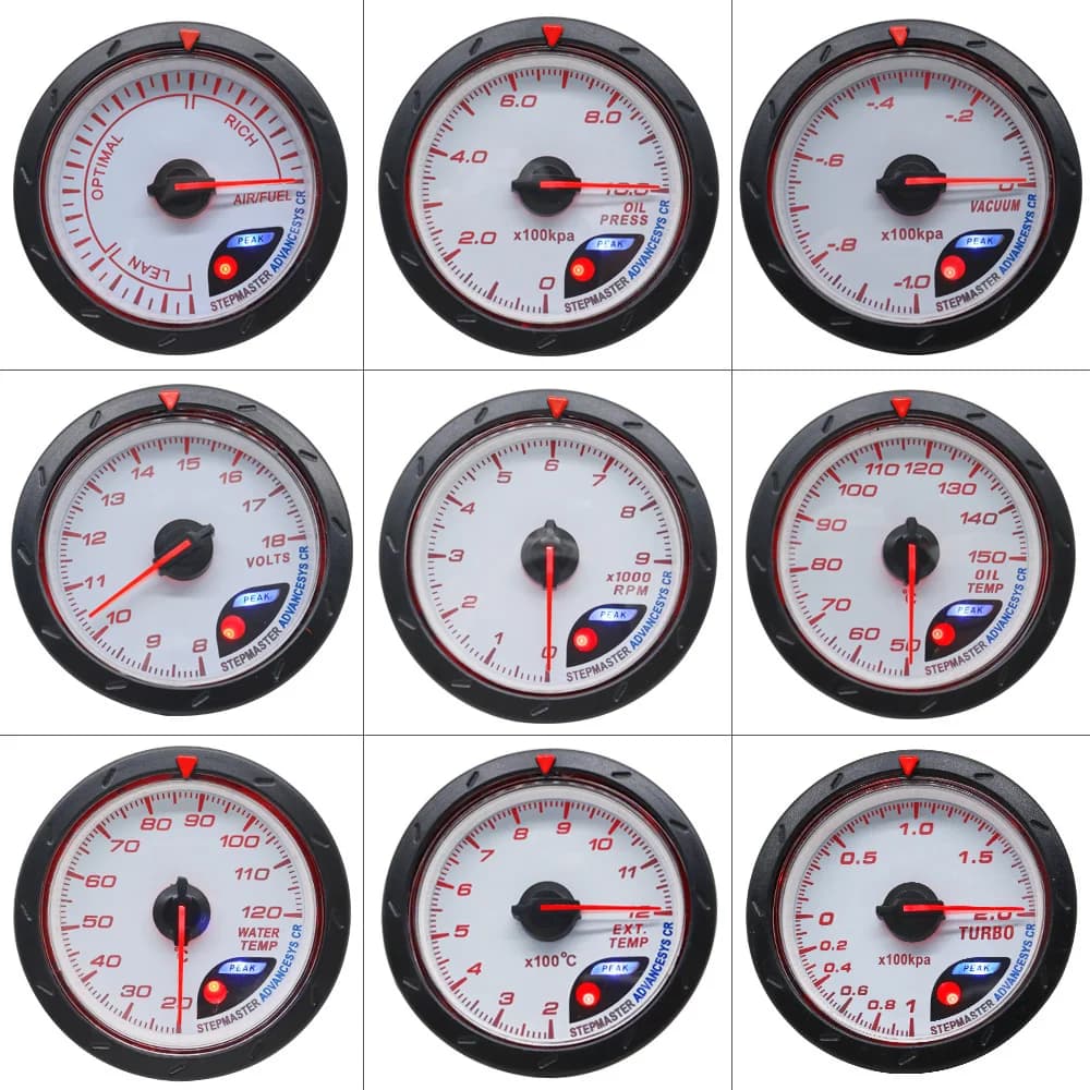 Misuratore per auto da 60 mm Aumenta la temperatura dell'acqua Temperatura dell'olio Pressione Contagiri Volt Aria Carburante Scarico GAS RPM Manometro bianco