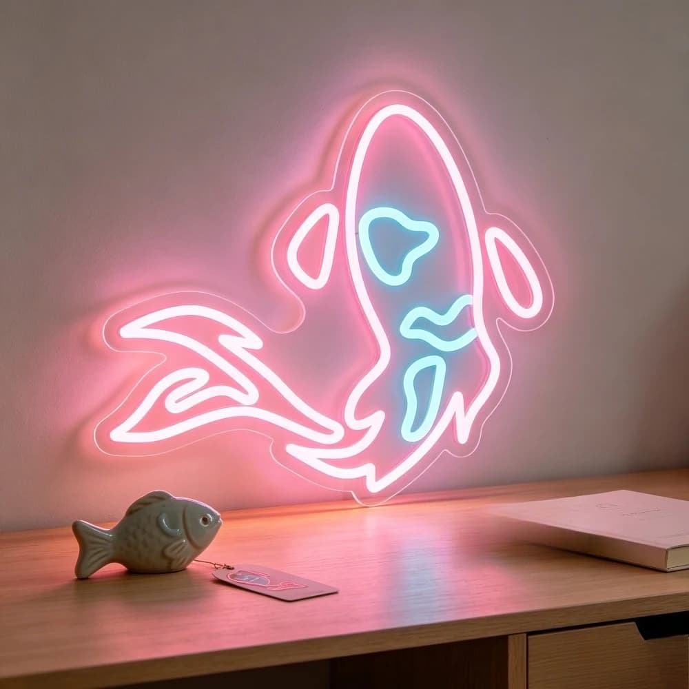 Lucky Koi Fish Neon Sign LED Wall Art Lighting Asian Feng Shui Symbol Pink Blue Glow for Home Bedroom Living Room Decor Gift