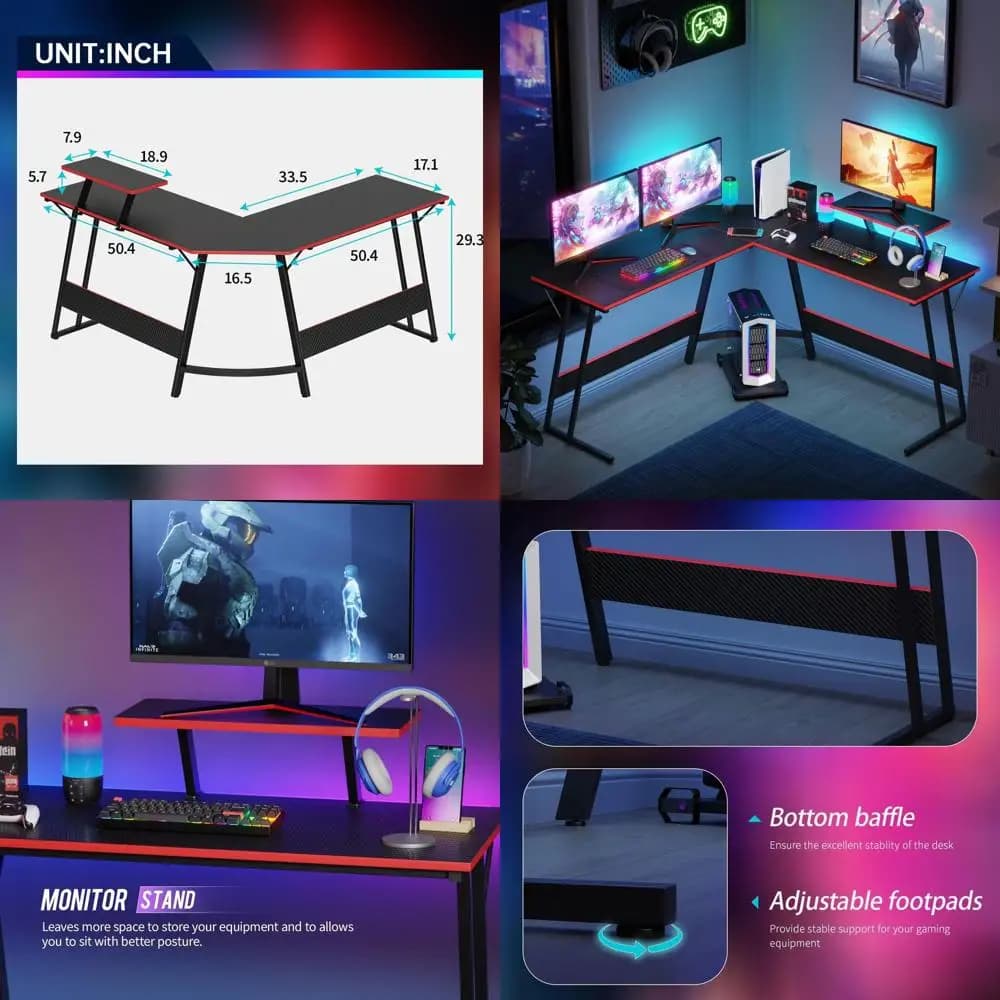 Scrivania da Gaming a L da 51 Pollici: Supporto per Monitor Grande, Postazione PC e Scrittoio, Nera