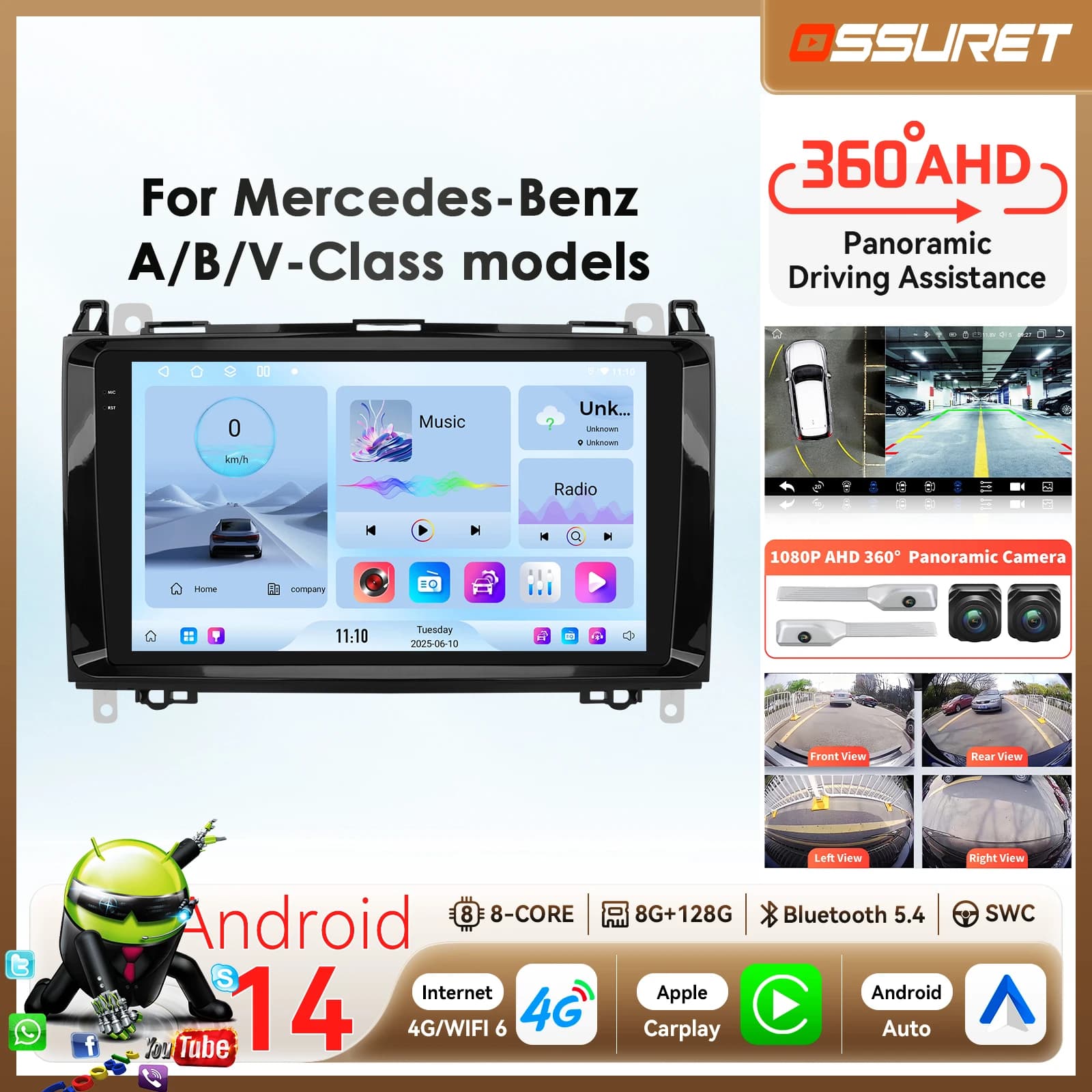 di Snapdragon 8-Core Android 14 Autoradio per Mercedes Benz B200 Viano W639 W169 W245 Sprinter W906 Carplay GPS 360 multimediale