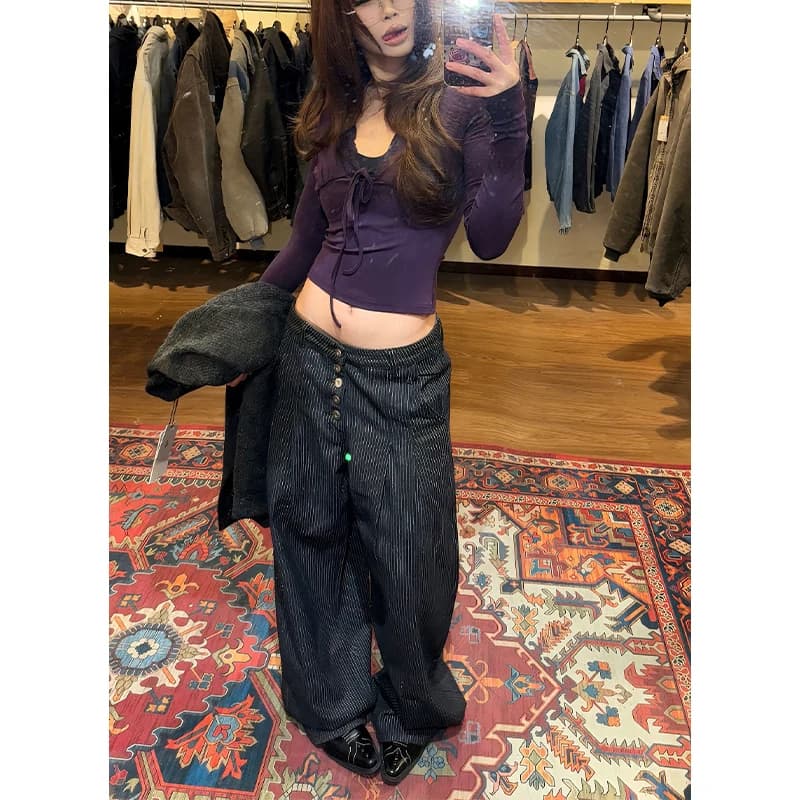 Pantaloni da Donna Stile Y2K, Jeans Neri Larghi Casual con Pieghe e Righe, Pantaloni Lunghi Dritti per Abbigliamento Femminile 2026