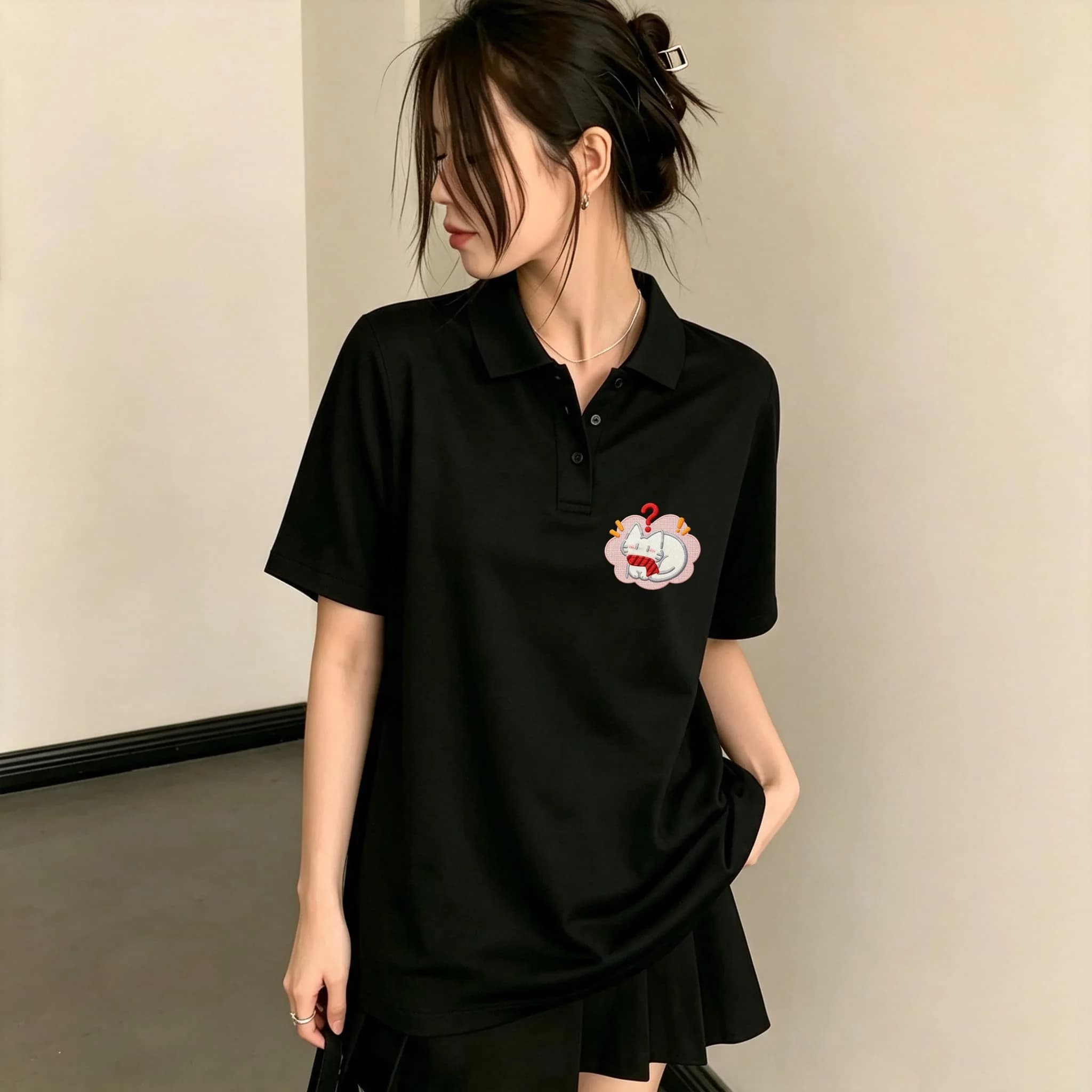 Women Black Lapel Collar Polo Shirt Cute White Cat With Red Scarf On Pink Cloud Embroidery Short Sleeve Loose Soft Breathable Summer Daily Casual Top