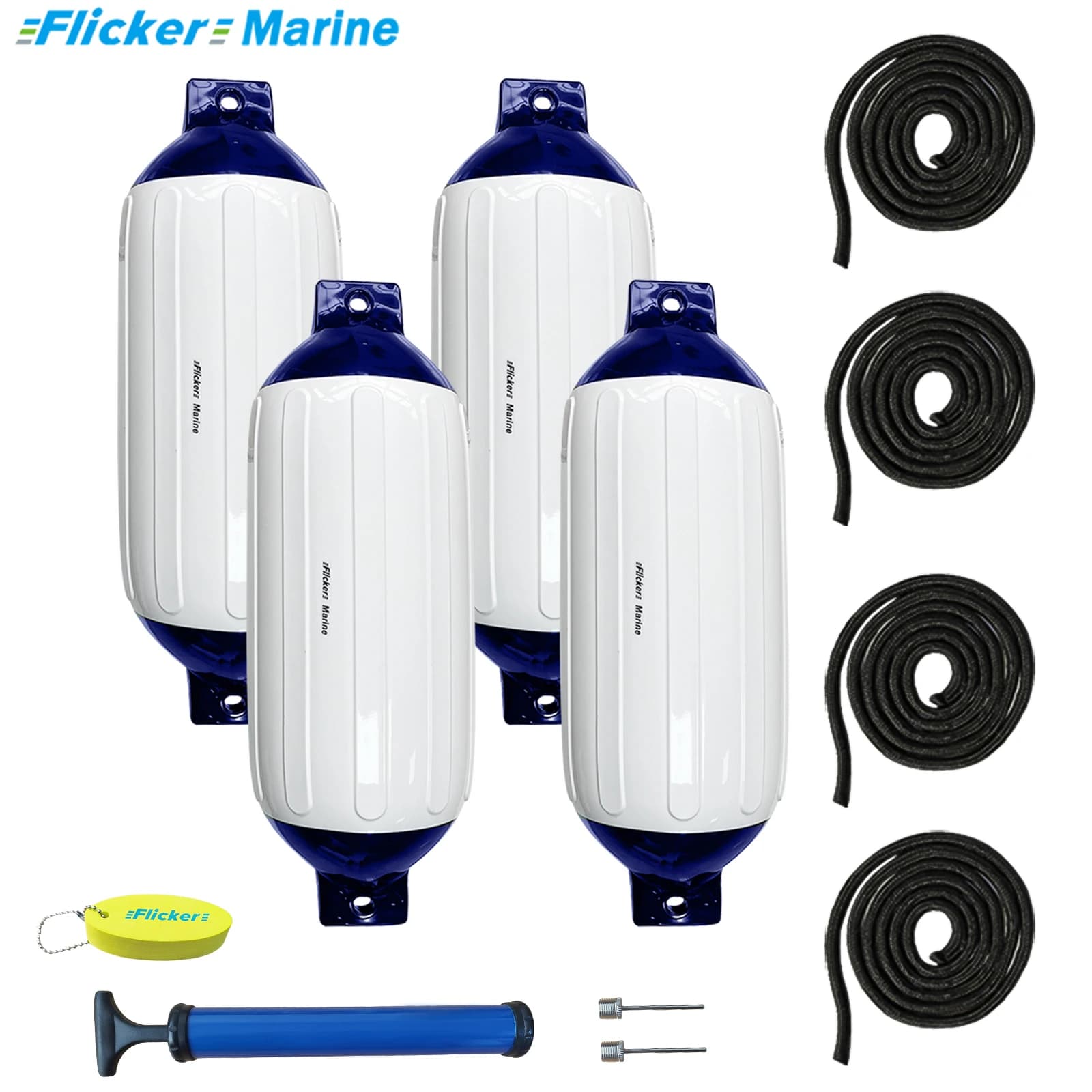 Kit Parabordi per Imbarcazioni Flicker A1–A6, Parabordi Gonfiabili in PVC Resistente con Pompa d'Aria e Corde, Blu e Bianco, Portachiavi Galleggiante