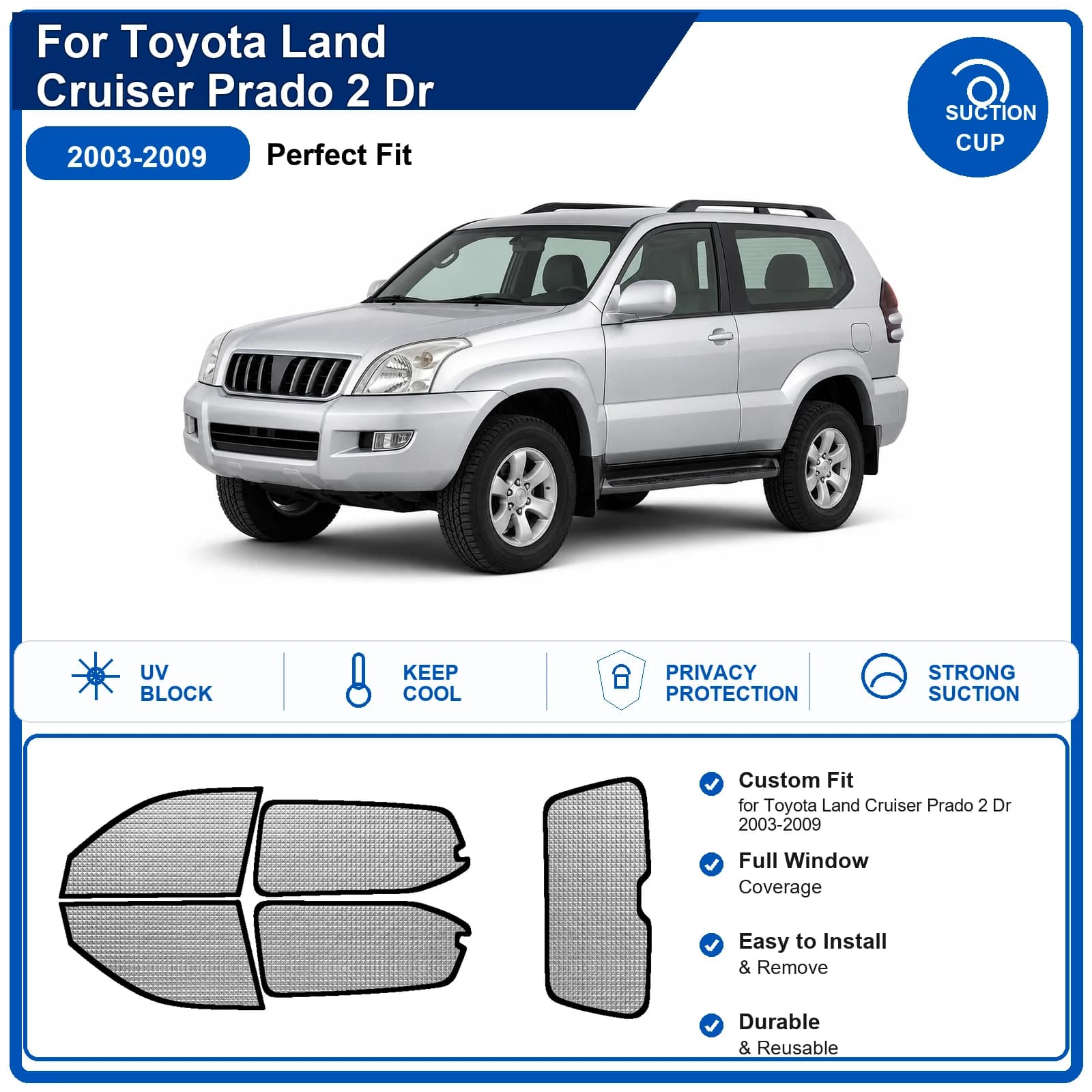 For Toyota Land Cruiser Prado 2 Dr 2003-2009 Custom Full Set Windshield Sun Shade Aluminum Foil Heat Insulation Anti UV Foldable