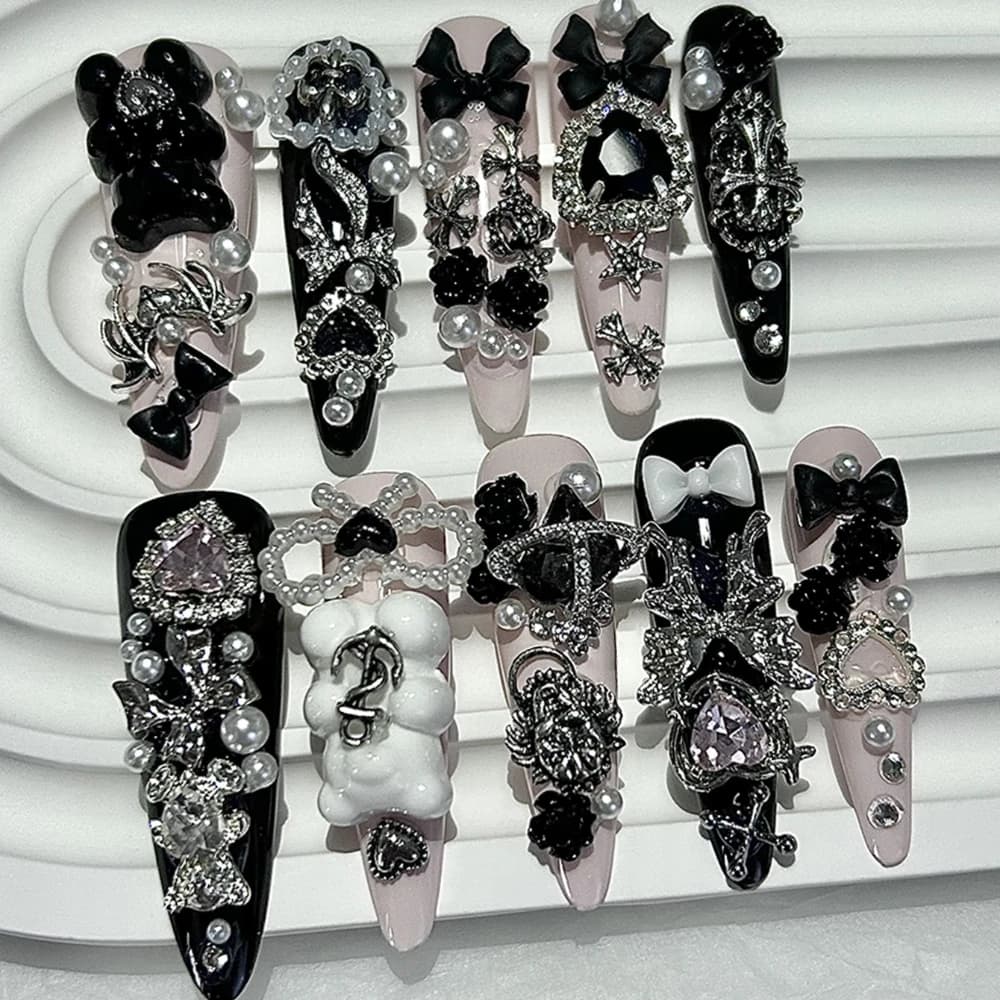 Jirai Y2K Spice Girls Handmade Press On Nails Menhera Black Pink Long Tip Wearable Nails Teddy Bow 3D Cross Diamonds Fake Nails