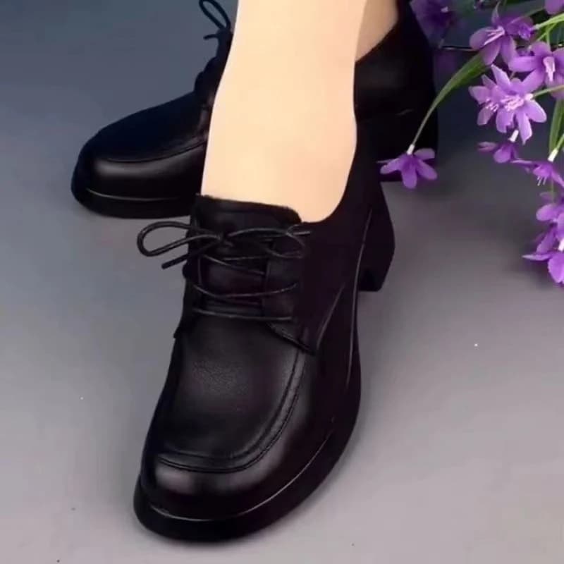 Scarpe da Donna in PU con Tacco Medio 3-5cm, Allacciate, Scollatura Profonda, Stile Granny, con Cinturino Incrociato, Punta Rotonda, Tacco Quadrato, Suola in Gomma, Modello Basso