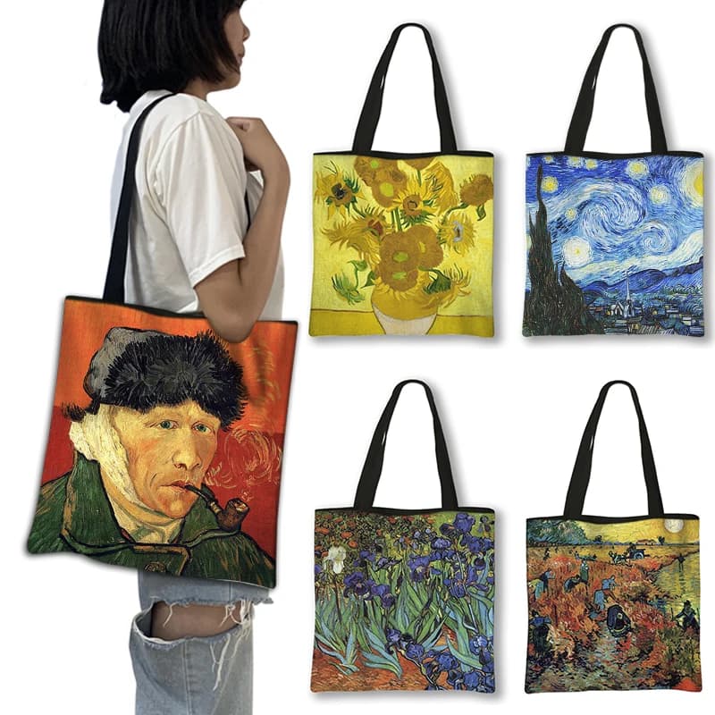 Pittura a olio di Van Gogh borsa a tracolla con stampa girasole donna notte stellata/borse per la spesa Irises Eco Shopper gomey borsa regalo