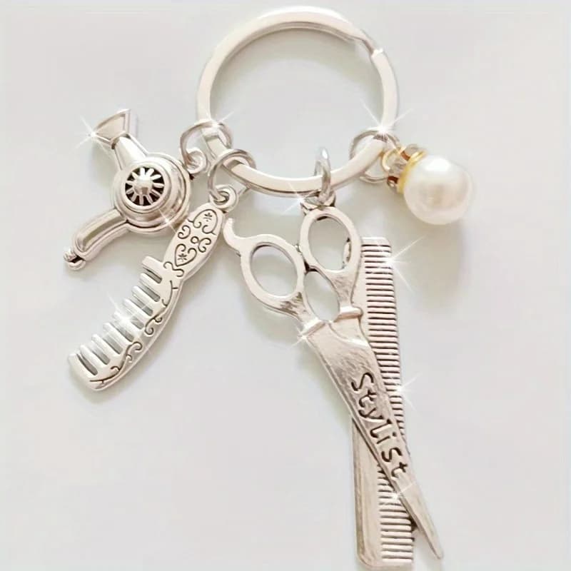 Portachiavi da Parrucchiere con Strass Circolari, Perle Imitazione, Forbici, Asciugacapelli e Pettine a Fiore