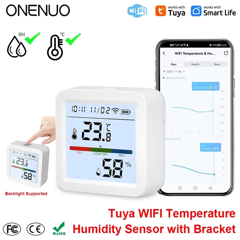 ONENUO Tuya WIFI Sensore di umidità della temperatura Igrometro Termometro Smart Home Retroilluminazione Smart Life Supporto Alexa Assistant