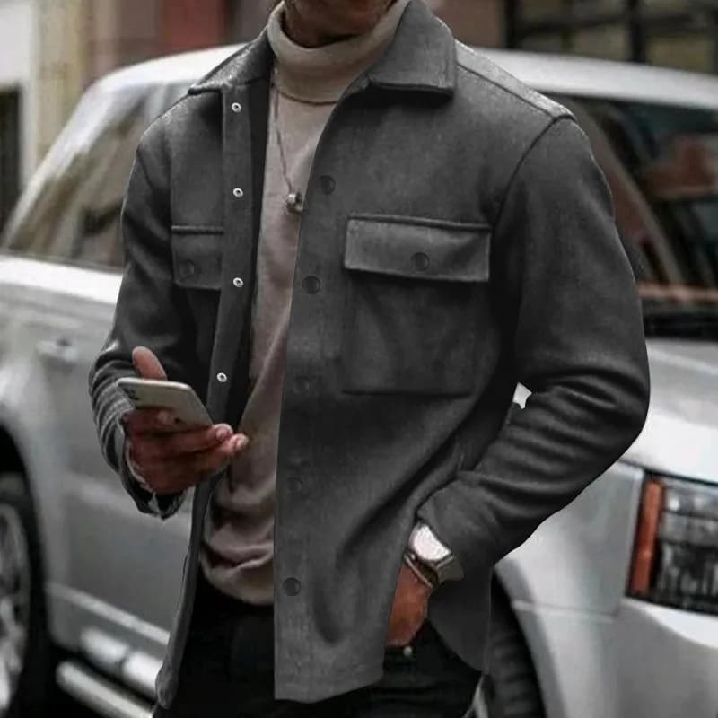 Giacca da Lavoro Uomo, Slim Fit, Colletto a Risvolto, Chiusura con Bottoni, Due Tasche sul Petto, Maniche Lunghe, Grigio e Nero, Giacca Casual da Uomo