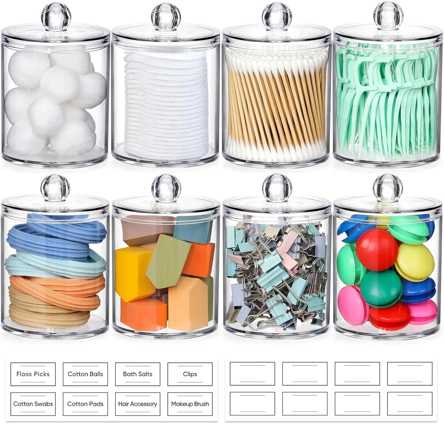 Set di 8 Contenitori Trasparenti in Acrilico per Q-Tip con Coperchi ed Etichette, Organizzatore per Trucchi e Accessori da Bagno