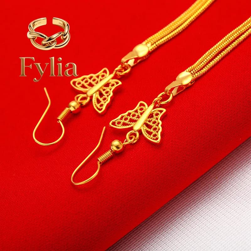 Gioielli Fylia Orecchini a Farfalla con Nappine in Oro 24K AU999, Ali di Farfalla Tridimensionali con Catena in Oro