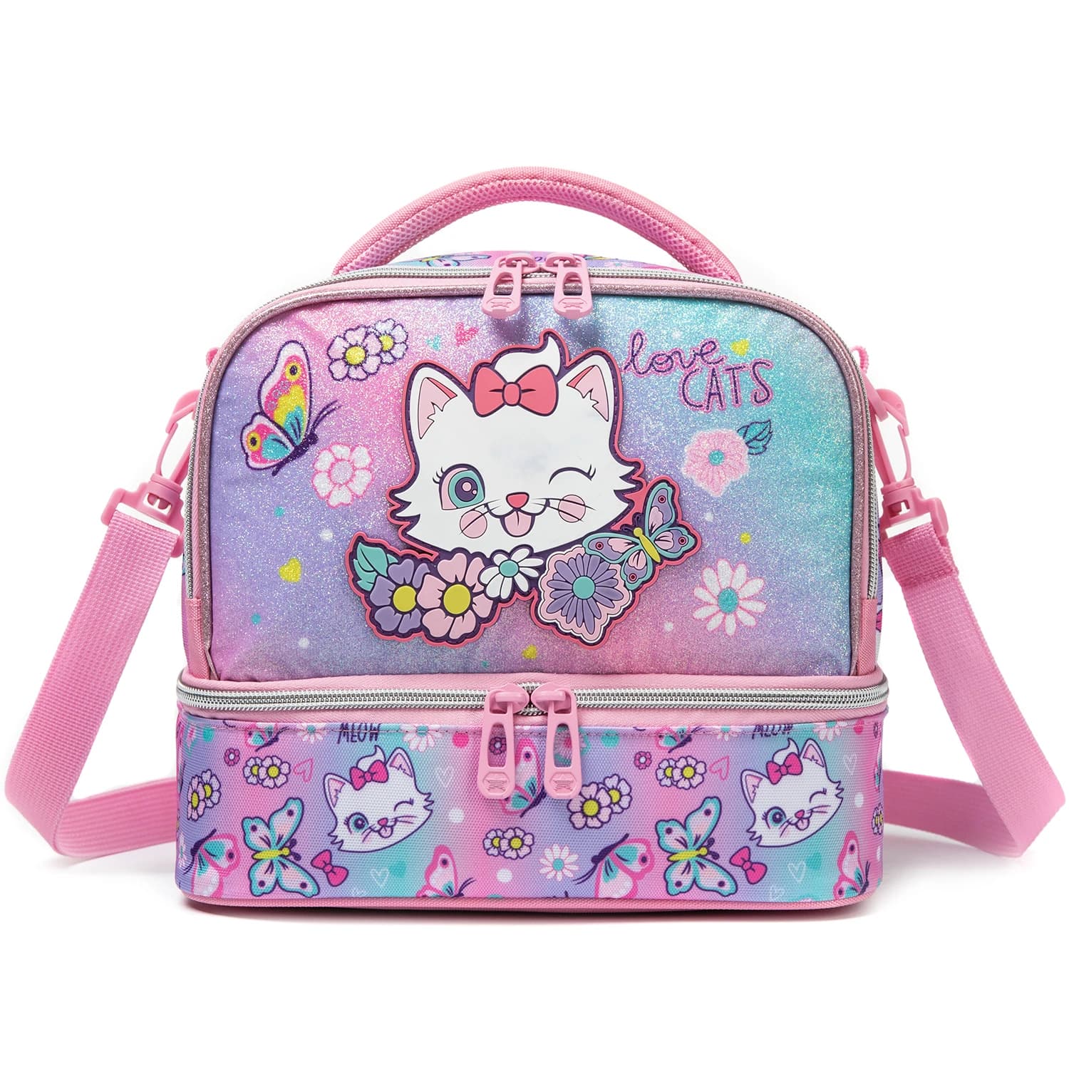 Cute Cat Print Glitter Double Layer Lunch Bag for Kids Girls with Shoulder Strap, Insulated Lunch Tote for School Picnic Travel