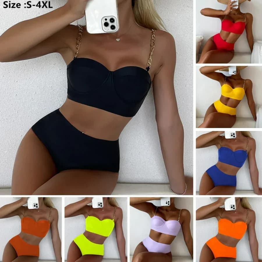 Costume da bagno due pezzi da donna 2026, bikini a vita alta con top imbottito e spalline a catena, abbigliamento da spiaggia da donna