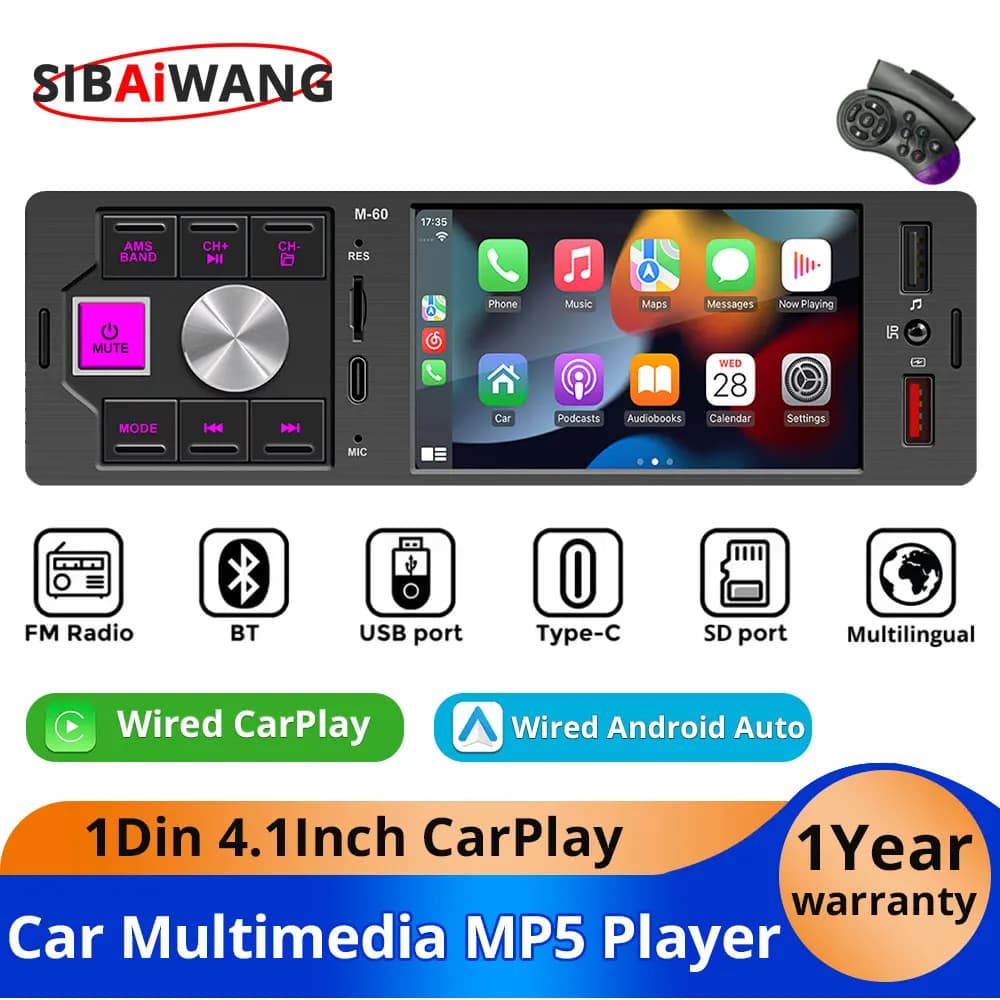Car MP5 Multimedia Player 1Din 4.1Inch CarPlay Android Auto Universal Bluetooth Car Radio FM USB Type-C Video input Stereo