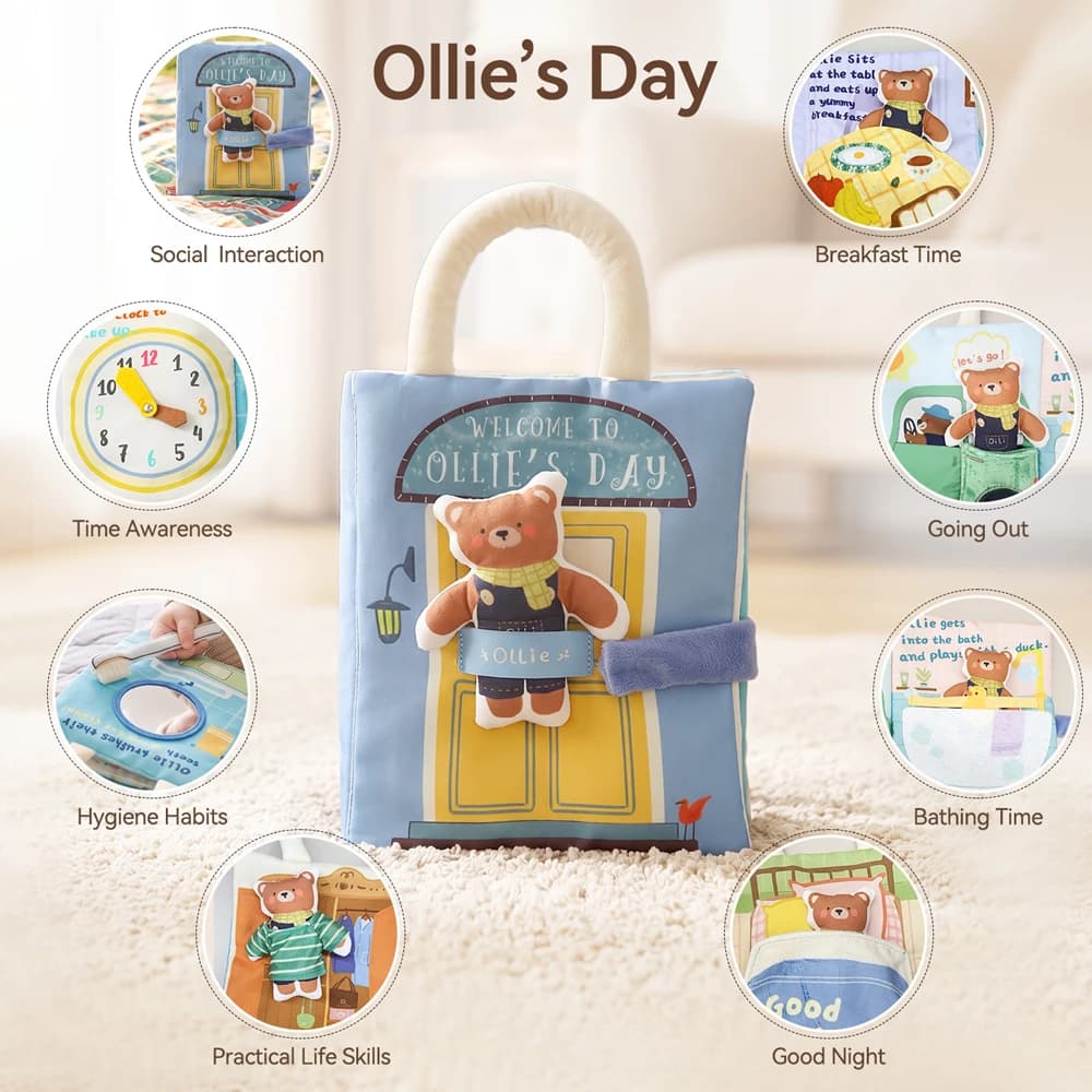Baby Toys Bear Busy Cloth Book Clock Setting Fine Motor Skills Practical Life Skills Social Emotional Learning Travel Toys Gifts