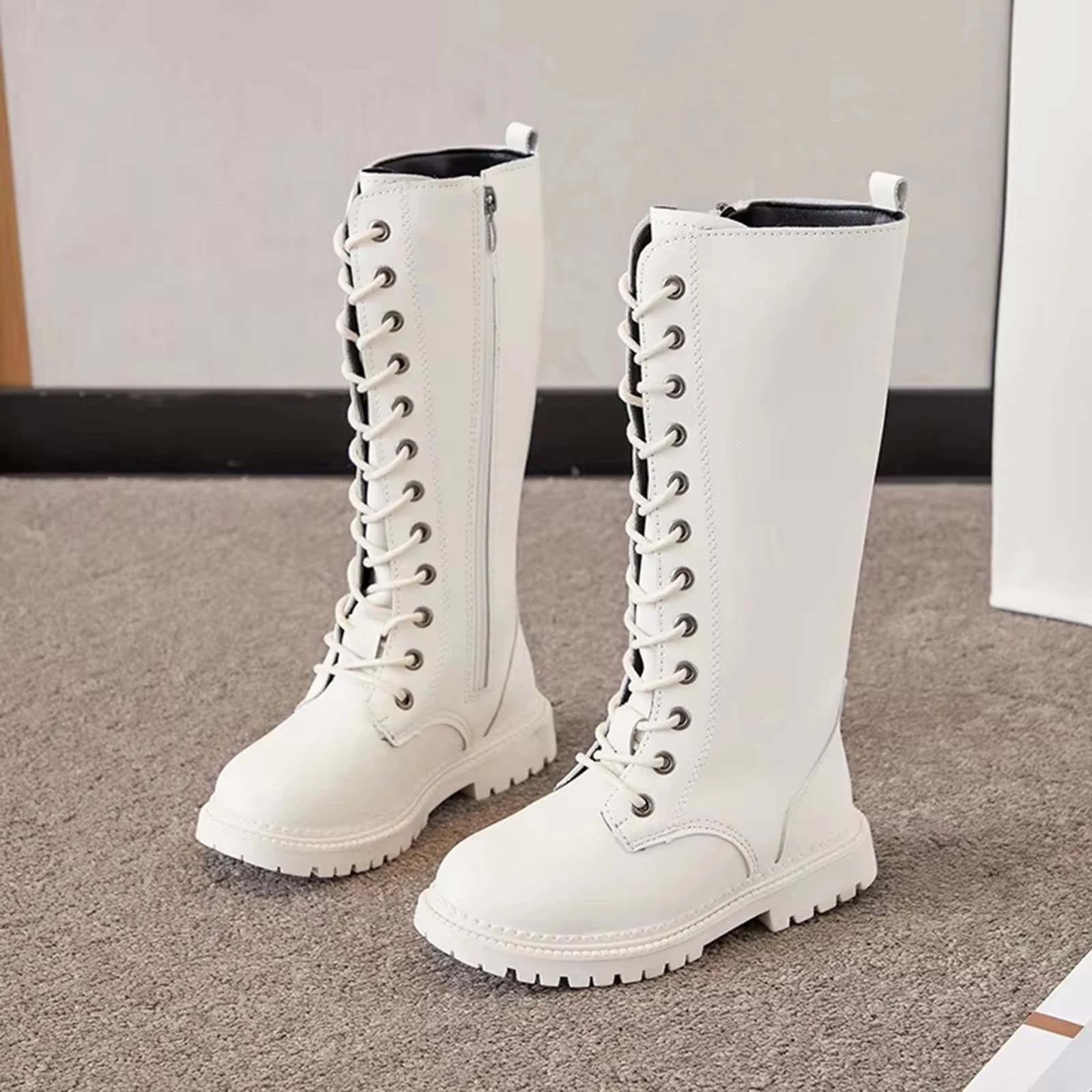 Stivali da combattimento bianchi al ginocchio da ragazza Stivali alla moda con suola spessa con cerniera con lacci Streetwear quotidiano 2025 Calzature eleganti alla moda Abito carino