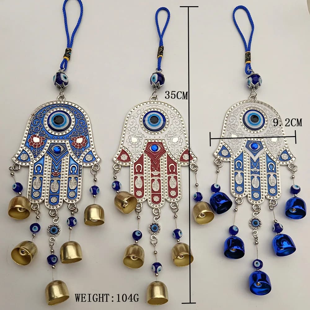 3 Pack Hamsa Evil Eye Car Hanging Ornament Lucky Wind Chimes Protection Charm Metal Bell Wall Pendant Home Office Decorative