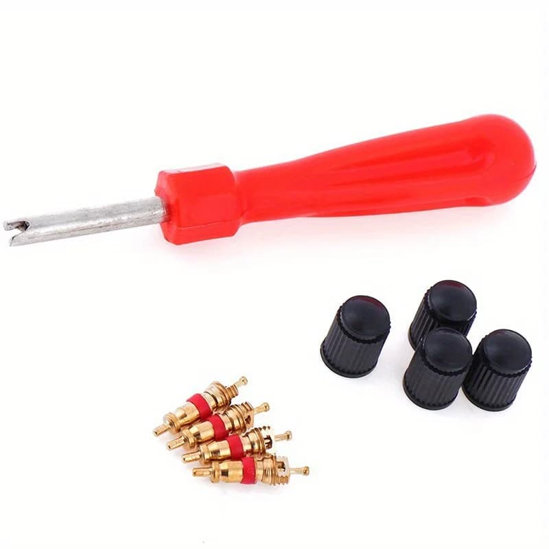 Kit Riparazione Pneumatici 1 Set, Kit Manutenzione Valvole Pneumatici con 4 Valvole, 4 Tappi Valvola e 1 Cacciavite per Valvole per Auto, Moto, Autobus, Camion