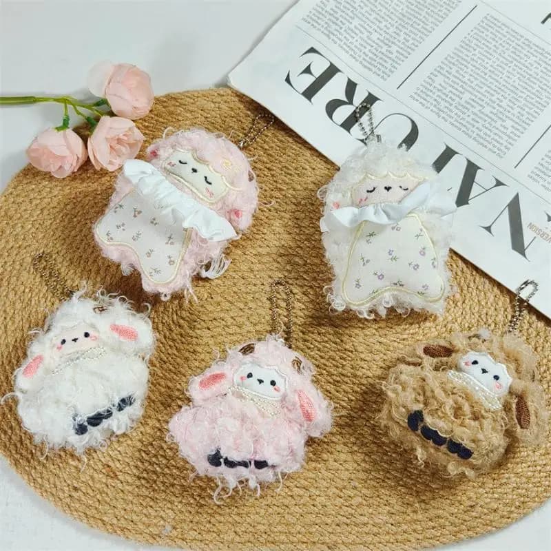 1Pcs Cute Fluffy Sleeping Sheep Plush Pendant With Ruffle Collar Floral Print For Bag Decor Girl Gifts